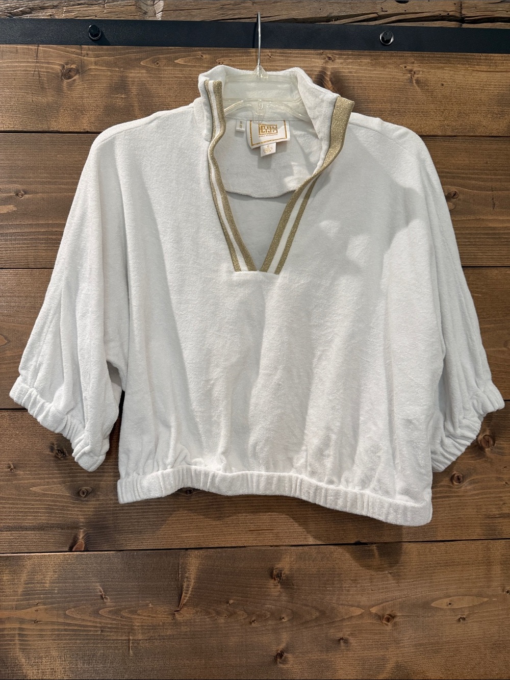 Emily McCarthy White Terry Crop Popover with Gold Trim